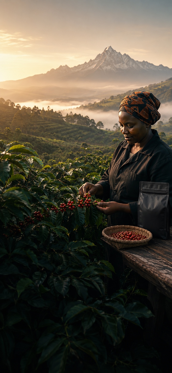 Kenyan coffee grower selecting ripe coffee cherries beneath Mount Kenya at sunrise