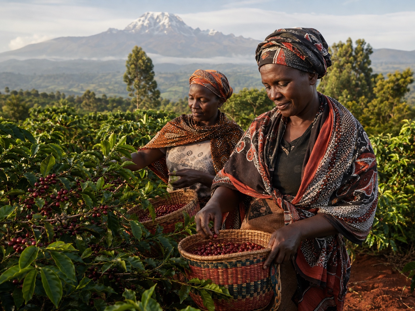 Kenyan women harvesting ripe coffee cherries with Mount Kenya in the distance