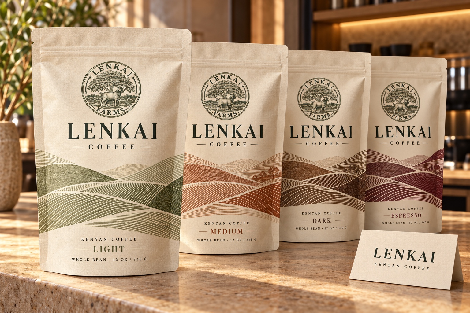 Four Lenkai Farms Kenyan coffee bag designs: light, medium, dark and espresso