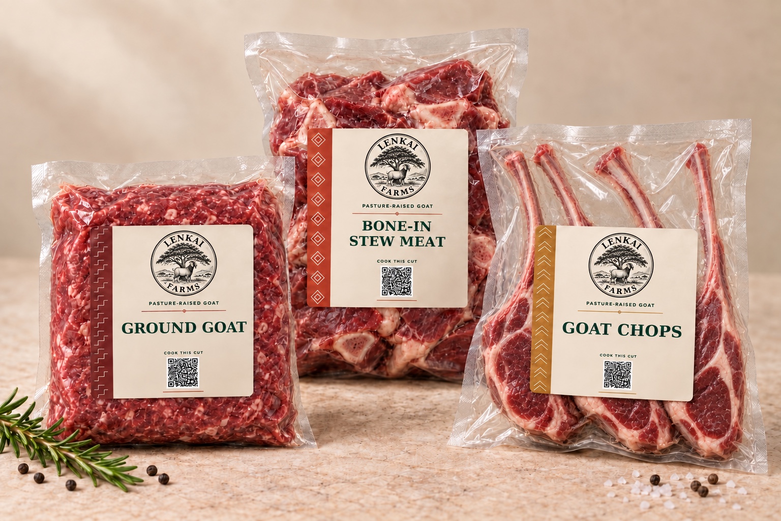 Lenkai Farms goat chops, bone-in stew meat and ground goat retail packages displayed together