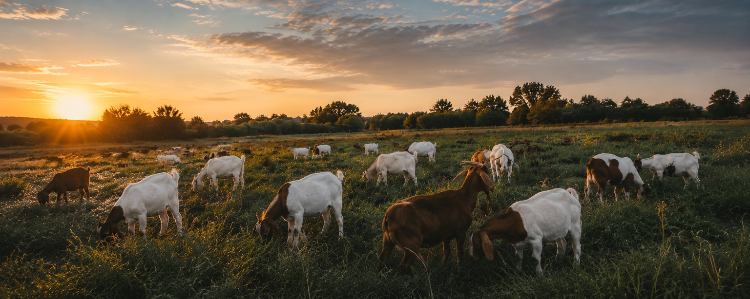 Lenkai Farms goats grazing across Virginia pasture at golden hour